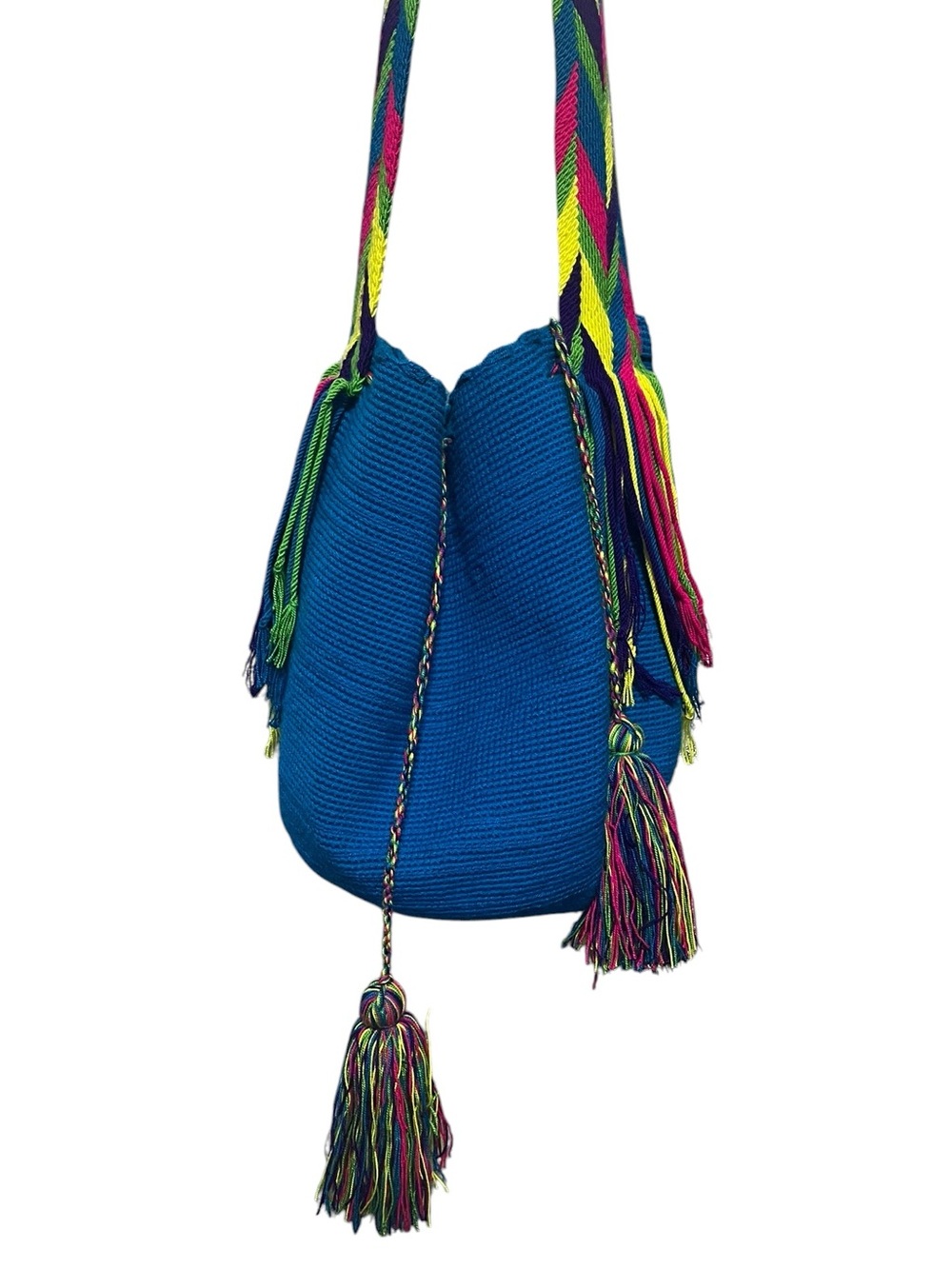 Handwoven Blue Bucket Bag with Multicolor Strap and Tassels